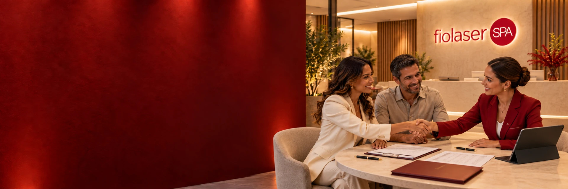Assinatura de contrato de franquia na recepção Fiolaser SPA, com o logo na parede ao fundo