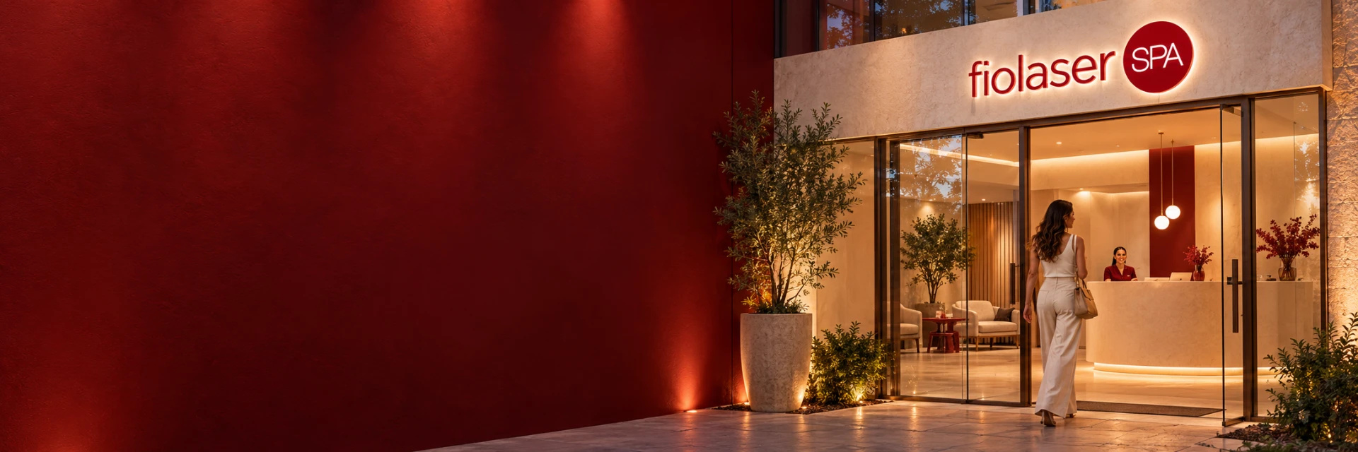Fachada de uma unidade Fiolaser ao entardecer, com a entrada iluminada e o logo na fachada