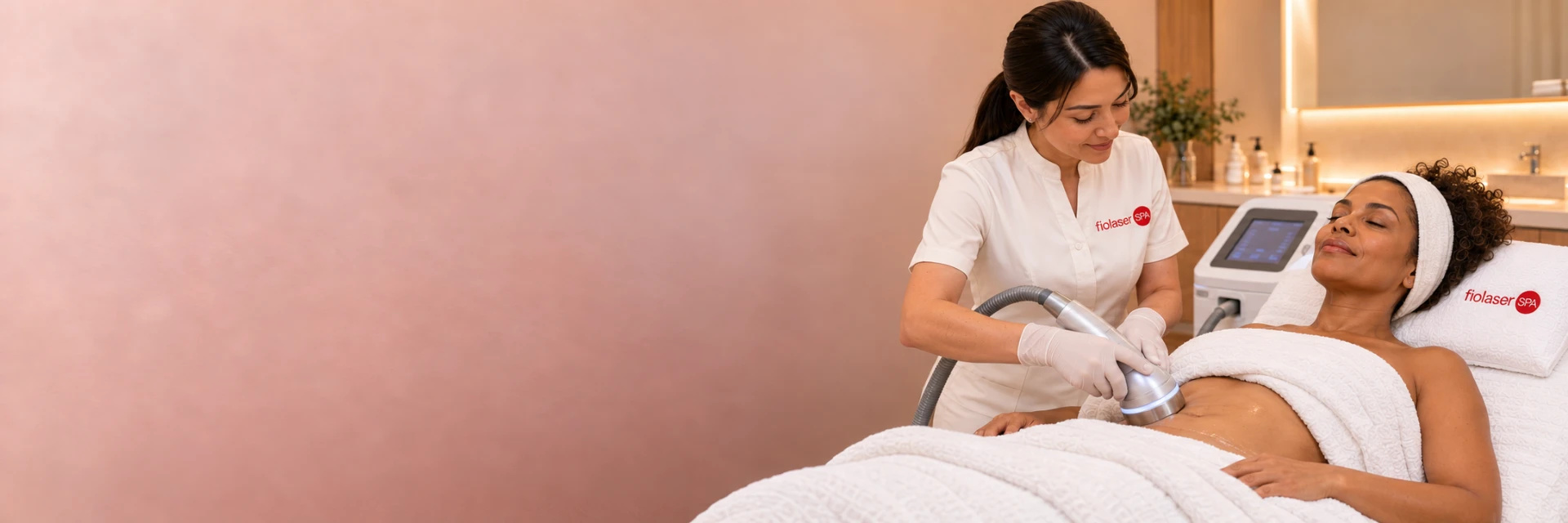 Profissional realizando drenagem linfática manual no abdômen de uma mulher em uma sala Fiolaser SPA